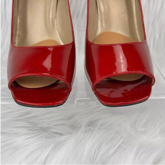 Stuart Weitzman Cherry Red Heels Pumps Patent Leather Open Toe 4" Valentines Day - Picture 10 of 16